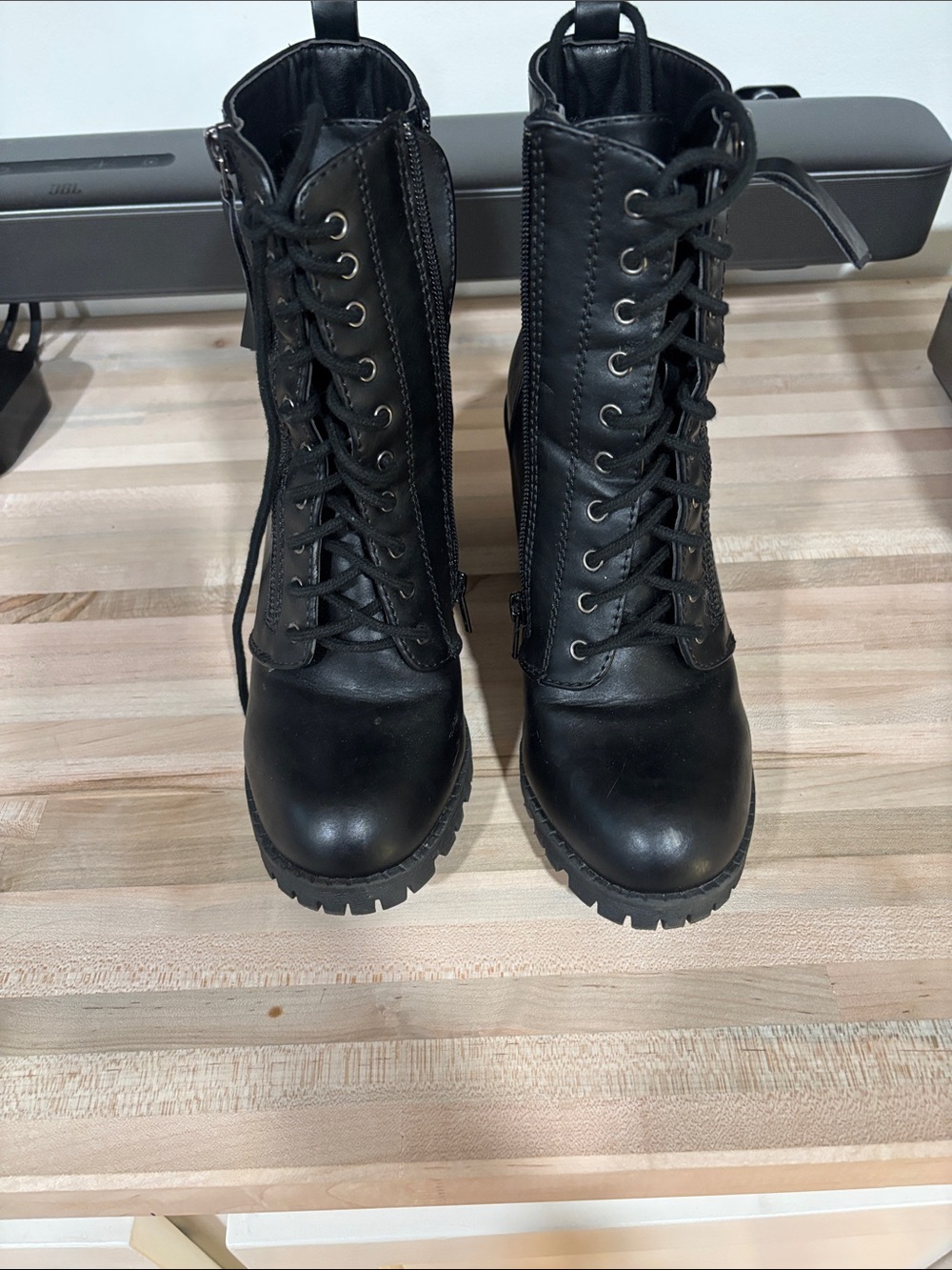Soda Black Lace-Up Combat Boots with Side Zipper